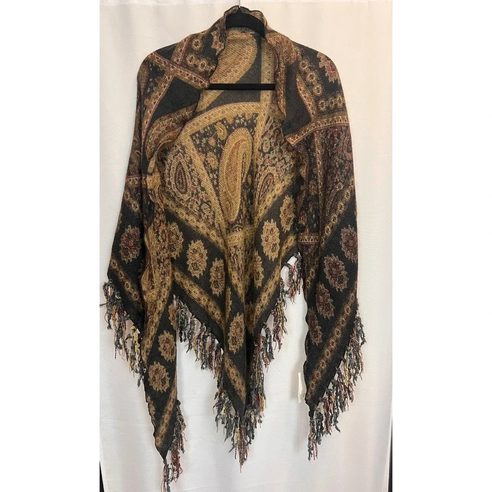Italy Handcrafted Mohair Wool Silk Paisley Shawl/ Scarf Black Gold Hand Knotted